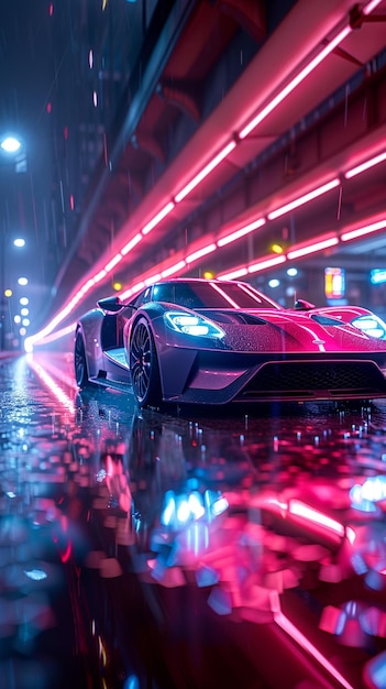 A Sleek Sports Car With NeonLit Ground Wallpaper