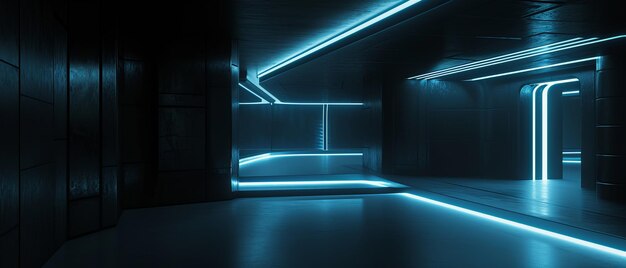 Sleek studio design with a charcoal black abstract zone enhanced with blue neon