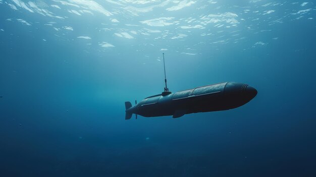 A sleek submarine glides quietly through the blue depths of an underwater expanse highlighting the mystery and beauty of the ocean