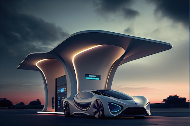 A sleek supercar sits at a futuristic gas station The station is a hub of activity with electric cars and hydrogen fuel vehicles pulling in to refuel for their next highspeed adventure Ai generated