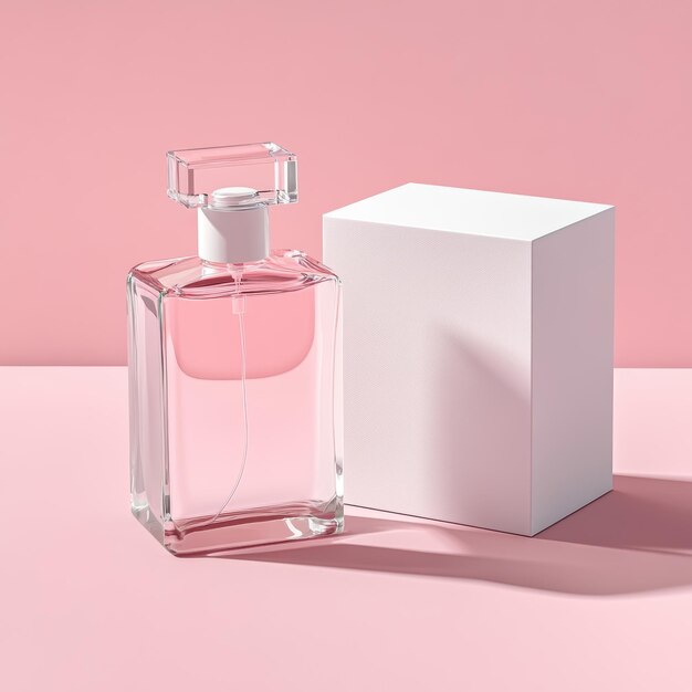 Photo a sleek transparent bottle and matte white box create stylish display