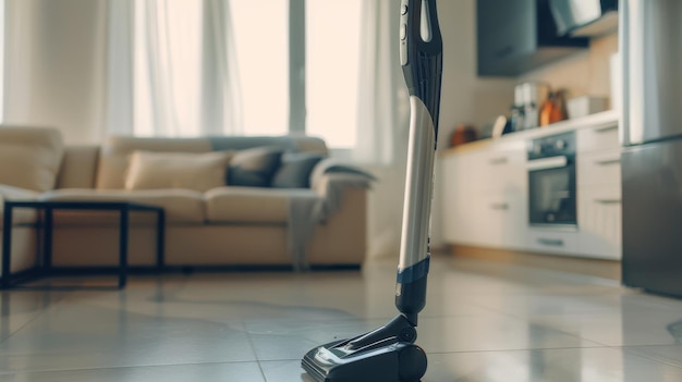 Photo a sleek vacuum cleaner stands upright in a modern living room with a cozy sofa highlighting cleanliness and contemporary home appliances