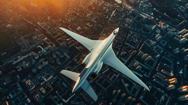 A sleek white airplane flies over a city at sunset