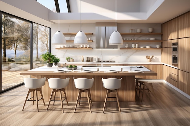 Sleek white kitchen with a large layout embodying modern luxury