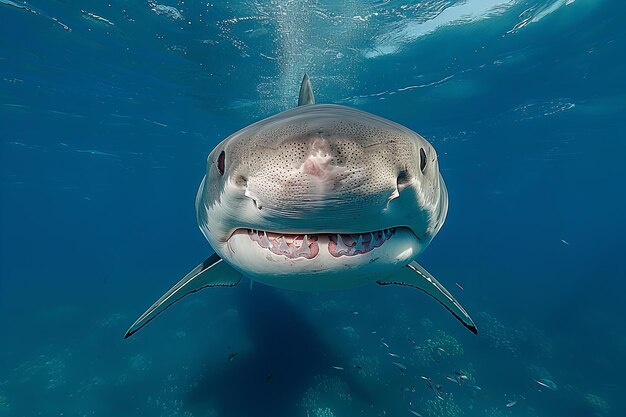 A sleek white shark gracefully glides through the deep blue ocean its powerful body and piercing ey