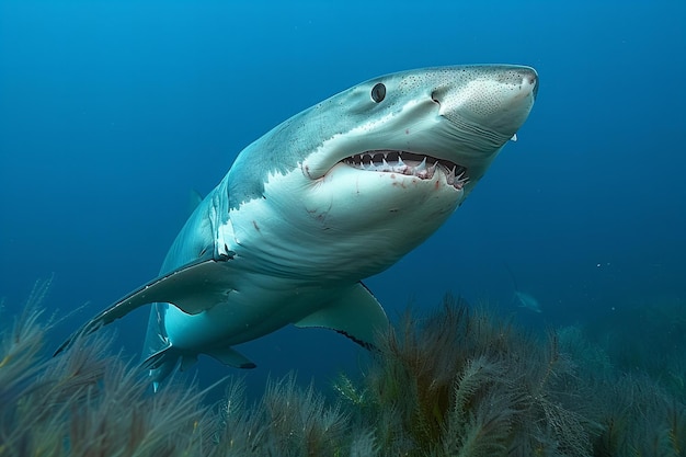 A sleek white shark gracefully glides through the deep blue ocean its powerful body and piercing ey