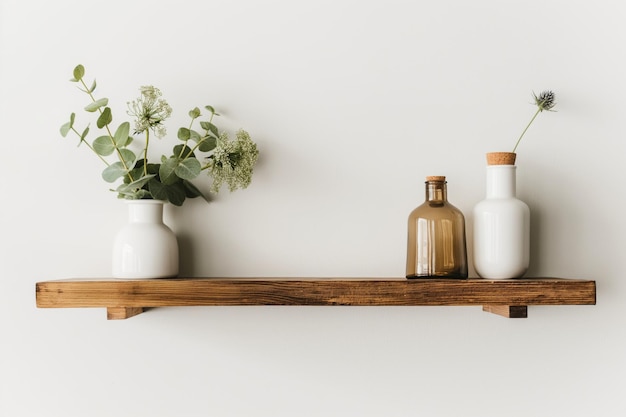 Photo sleek wooden wall shelf against a white backdrop adorned with a white vase greenery and decorative bottles