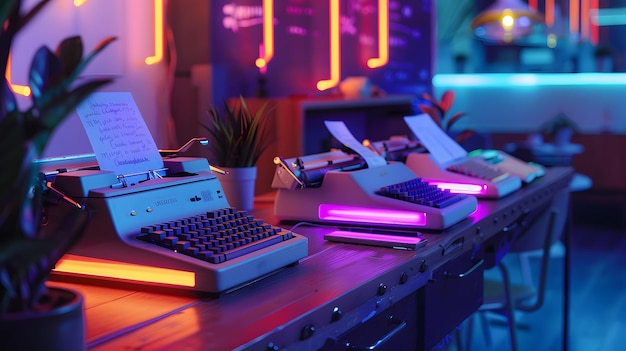 Photo a sleek writing space with interactive digital typewriters and neonlit writing journals encouraging creativity style