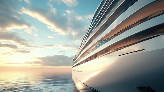 A sleek yacht gliding over calm waters at sunset