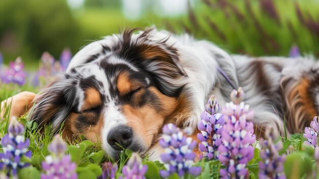 Sleeping Australian Shepherd Dog in Purple Lupine Field