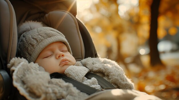 Sleeping baby in a cozy blanket outdoors in autumn