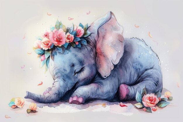 Photo sleeping baby elephant with a flower crown