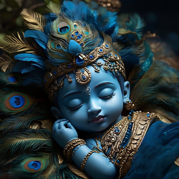 Photo sleeping baby krishna adorned with golden jewelry set against peacock feathers