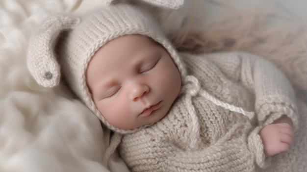 A sleeping baby wearing a knitted bunny outfit