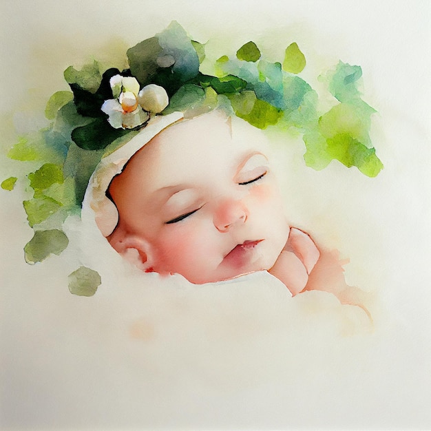 Sleeping baby with flowers. Watercolor of an adorable newborn. Illustration for birth, celebration