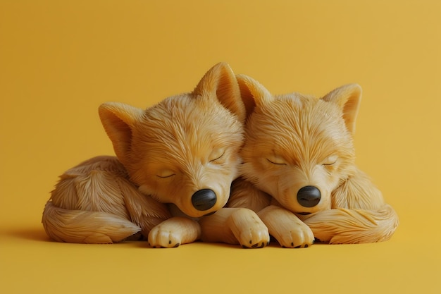 Sleeping Baby Wolf Figurines Handcrafted from Wood in Exquisite Detail