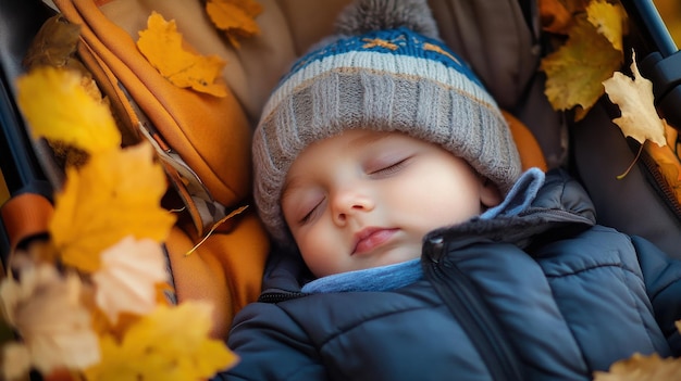 Photo a sleeping baby wrapped in a cozy jacket and knitted hat surrounded by autumn leaves in a stroller outdoors