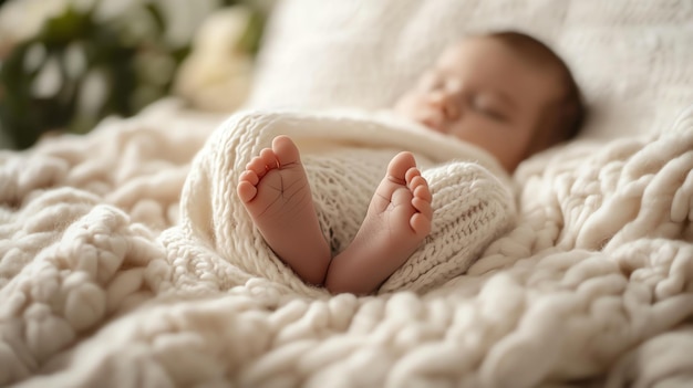 Photo a sleeping babys feet stick out from a soft white blanket