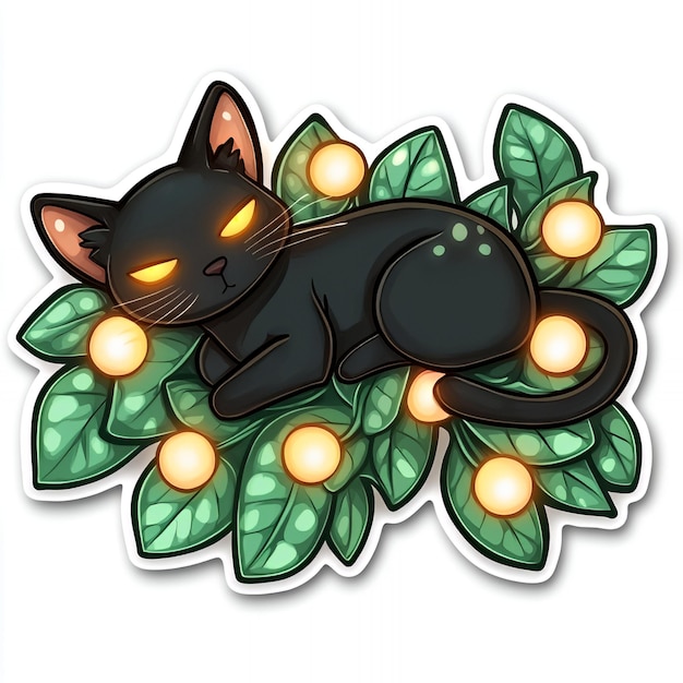 Photo sleeping black cat surrounded by green leaves and lights