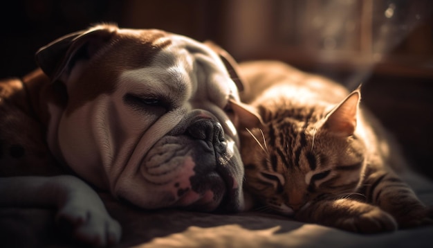 Sleeping bulldog puppy pampered and comfortable indoors generated by AI