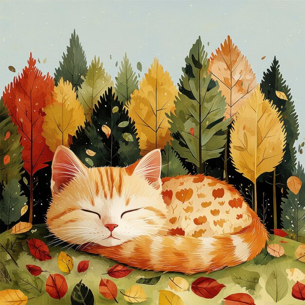 Sleeping Cat in Autumn Forest