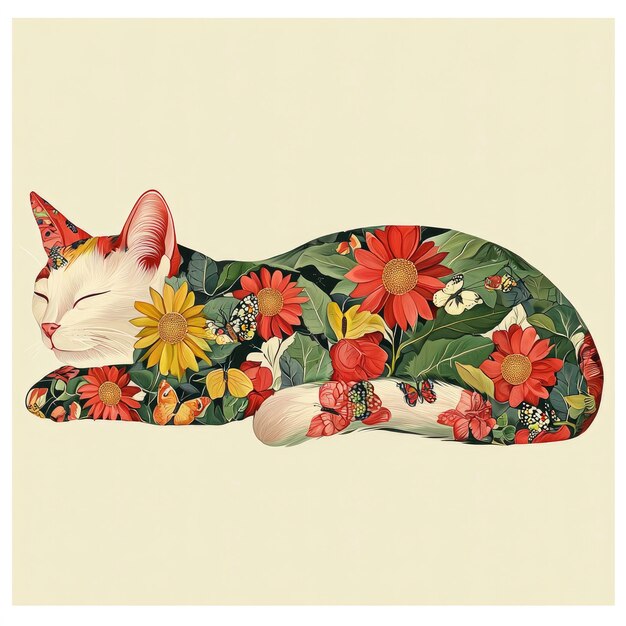 Photo sleeping cat covered in flowers and butterflies