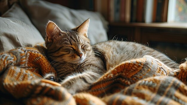 Photo sleeping cat on cozy blanket