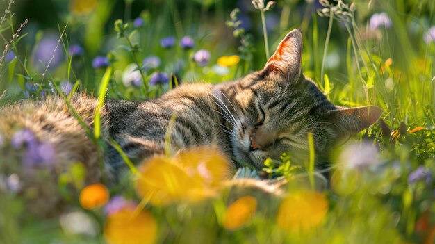 Photo sleeping cat in a field of flowers