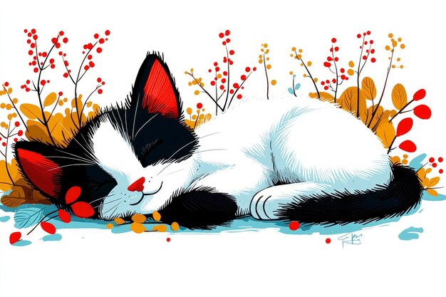 Sleeping Cat in a Garden Illustration