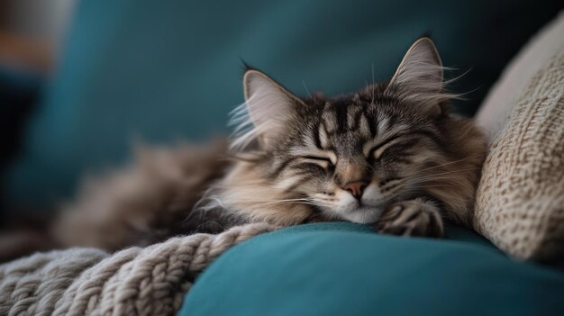 A sleeping cat rests peacefully on a cozy couch surrounded by soft textures