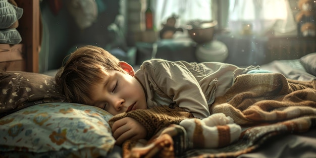 Photo sleeping child in bed generative ai