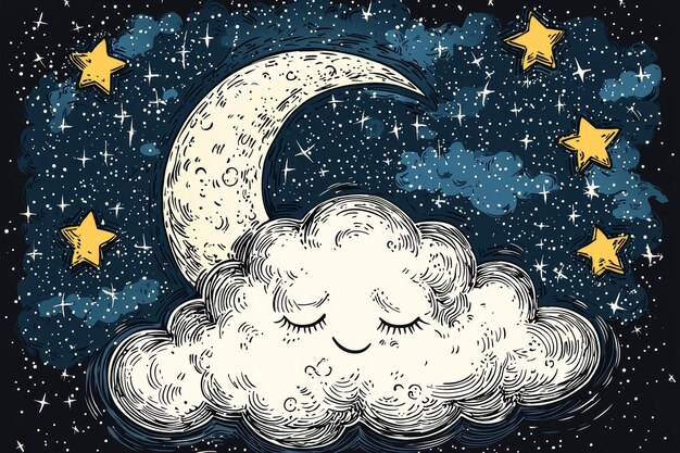 Photo sleeping cloud with crescent moon and stars