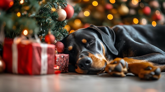 A sleeping Doberman rests near the Christmas tree decorated with lights and gifts