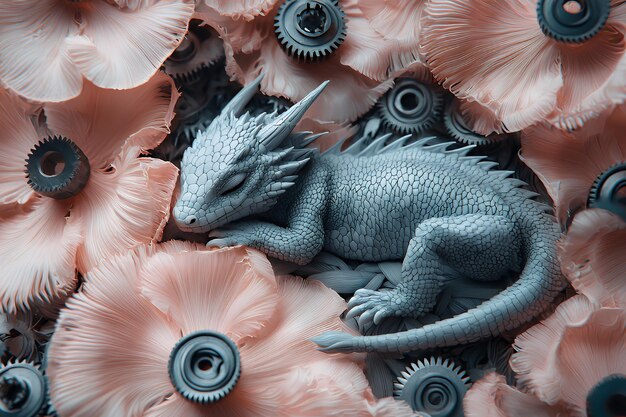 Photo sleeping dragon in a field of gears and flowers