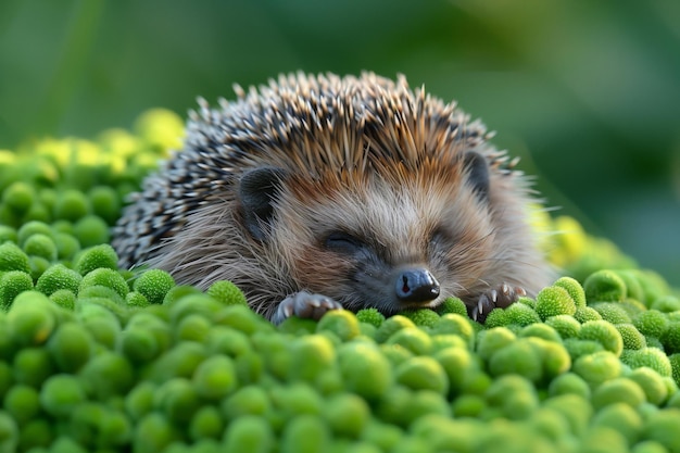 A sleeping hedgehog resting on green flower buds