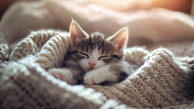 Photo sleeping kitten in a blanket