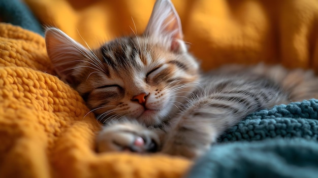 Sleeping Kitten on a Yellow and Teal Blanket Photo