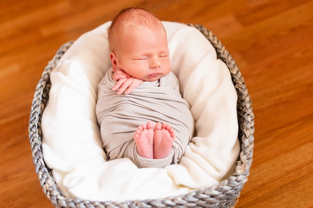 Sleeping newborn baby in the gray basket