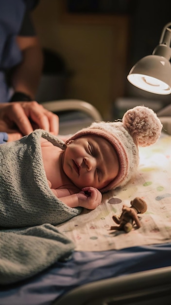 Photo sleeping newborn in hospital with tiny hat