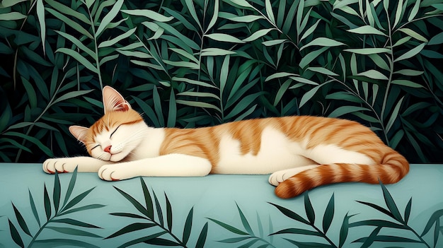 Sleeping Orange Tabby Cat in a Tropical Garden