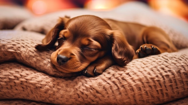 A sleepy brown puppy napping on a pile of pillows AI generated