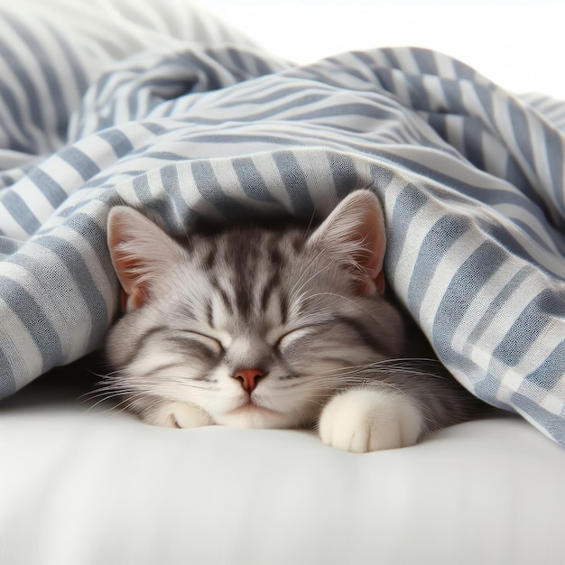 Sleepy cat in bed just woke up Isolated on white background