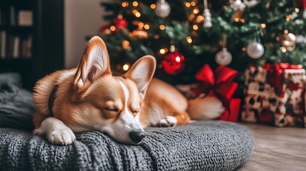 A sleepy corgi resting by the Christmas tree with decorations and gifts in a cozy living room