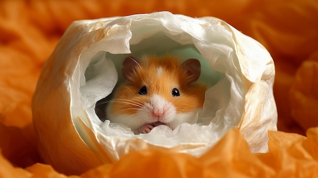 A sleepy hamster curled up in a tissue paper nest AI generated