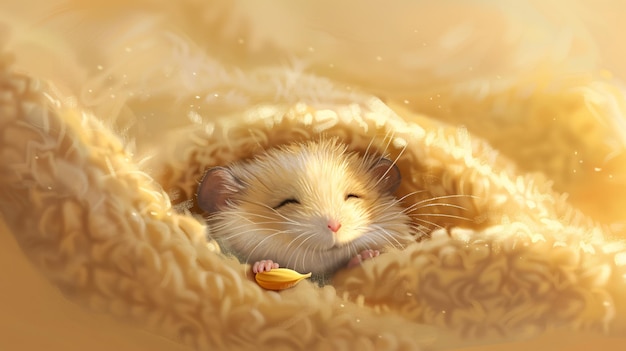 A sleepy hamster peeking out from its cozy nest of soft bedding its tiny paws clutching a sunflower seed against a warm beige background