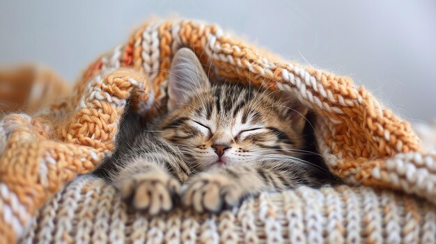 Photo sleepy kitten in cozy setting