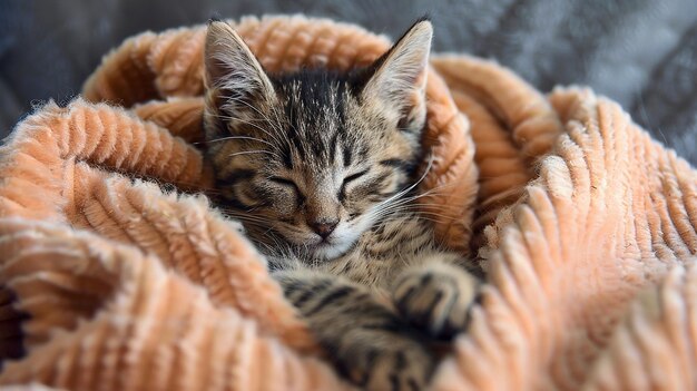 Photo sleepy kitten in cozy setting