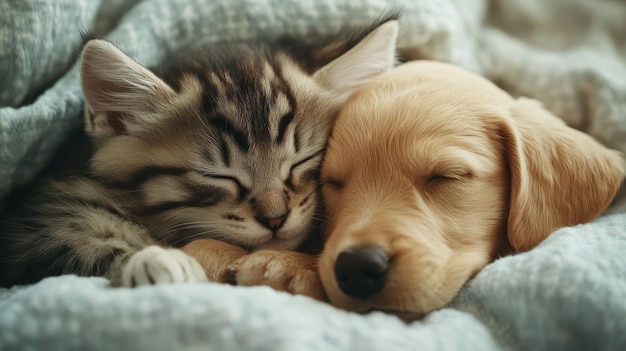 Photo a sleepy kitten and puppy snuggled together on a cozy blanket in a warm indoor setting