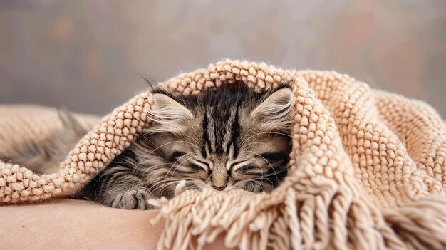 Photo sleepy kitten snuggling in cozy blanket