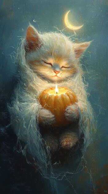 Photo sleepy kitty holding a jackolantern